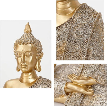 Golden Buddha Figurine - Meditating Seated Buddha Statue - Polyresin Statuary Meditation Figurine Altar Spiritual Decoration Indoor Outdoor Asia Sculpture for Garden, Patio, Deck, Porch Yard Art