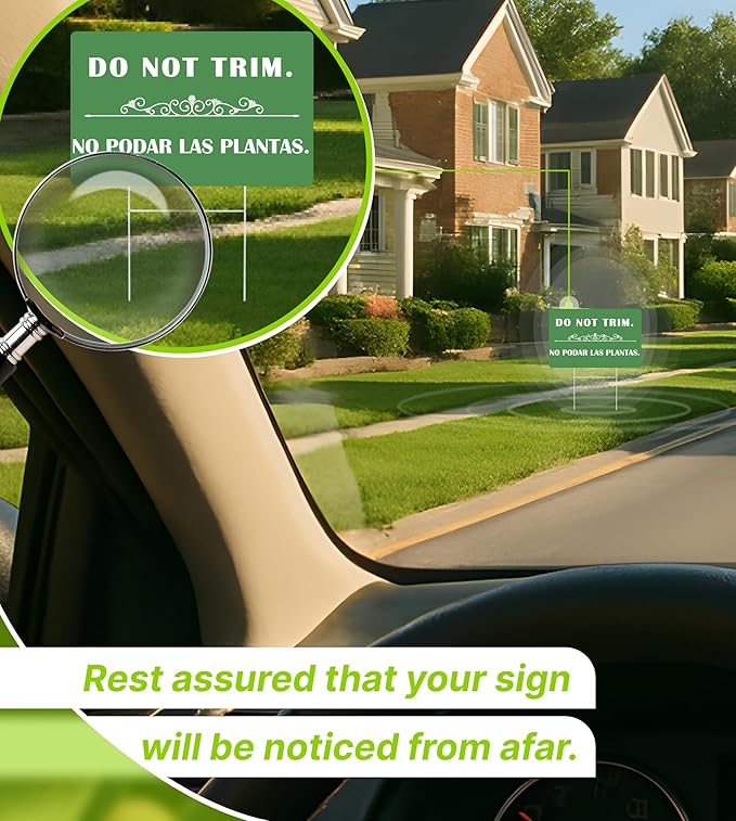 3 Pcs 12x8 Inches Corrugated Plastic Do Not Trim Yard Signs with Metal Stakes - Bilingual Plastic Plant Signs or Garden Markers for Outdoor Lawn - Double Sided No Trim or Mow Signs