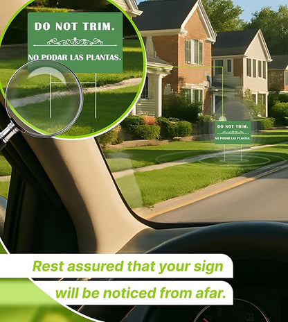 3 Pcs 12x8 Inches Corrugated Plastic Do Not Trim Yard Signs with Metal Stakes - Bilingual Plastic Plant Signs or Garden Markers for Outdoor Lawn - Double Sided No Trim or Mow Signs
