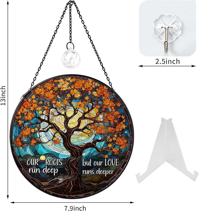 Tree of Life Stained Glass Window Hanging Family Tree Suncatcher for Door Home Decor Desk Decorations Gifts for Women (Glass-Roots Deep, 7.8x7.8 in)