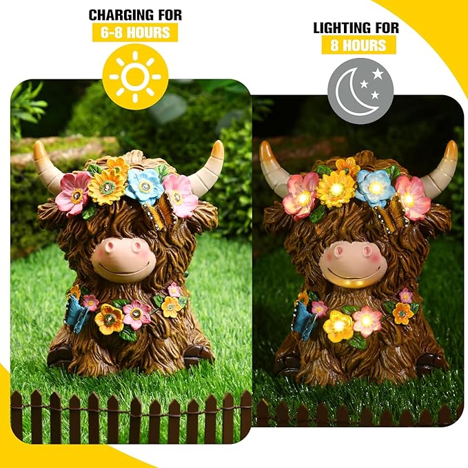 Colingmill Highland Cow Resin Figurine Highland Cow Statue Christmas Outdoor Decor with Flower for Patio, Yard, Gift for Mom, Calf Gnome Herd Lovers (Classic)