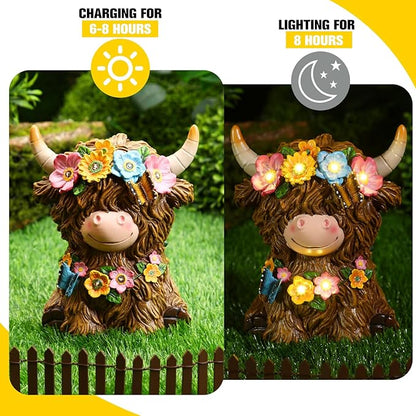 Colingmill Highland Cow Resin Figurine Highland Cow Statue Christmas Outdoor Decor with Flower for Patio, Yard, Gift for Mom, Calf Gnome Herd Lovers (Classic)
