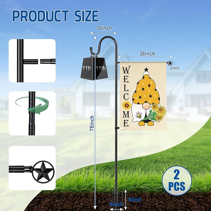 Ottsuls Garden Flag Stand, 2 Pack Heavy Duty Flag Pole Holder with Shepherd Hook for Yard Decoration, 60 INCH Sturdy Yard Flag Post Stake Outdoor Garden Flag Holder for 28''x40'' Flags (Without Flag)
