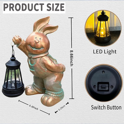Solar Rabbit Garden Statue with LED Lantern - Outdoor Resin Animal Sculpture, Solar-Powered Waterproof Lawn Decor for Patio, Yard, Porch, Charming Easter Decor for Home & Garden (Bronze)