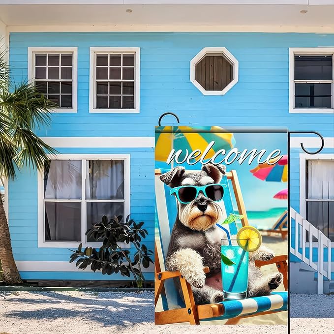 HOMETITUTE Summer Garden Flag Schnauzer Dog Flag 12x18 Vertical Double Sided Beach Welcome Seasonal Cute Puppy Yard Flag Outdoor Decoration for Porch Lawn Patio