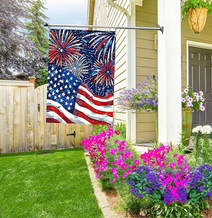 Patriotic 4th of July Floral House Flag 28x40 Inch Double Sided, Large Burlap Memorial Day Welcome Daisy Yard Flag for Summer Holiday Seasonal Outside Decoration