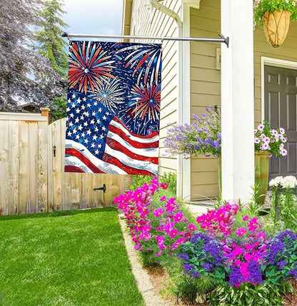 Patriotic 4th of July Floral House Flag 28x40 Inch Double Sided, Large Burlap Memorial Day Welcome Daisy Yard Flag for Summer Holiday Seasonal Outside Decoration