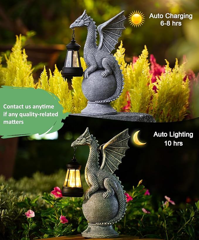 Solar Garden Dragon Statue: Outdoor Figurine with Lantern Lights Weatherproof Resin Decorations for Home Yard Lawn Porch Balcony Patio - Mothers Day Gifts for Mom Women Grandma