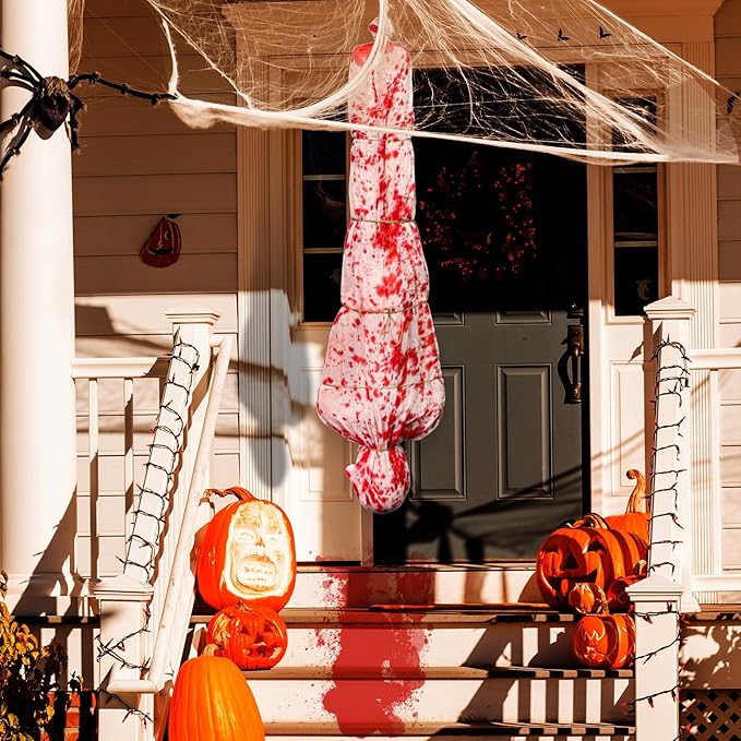 5ft Halloween Hanging Decoration, Inflatable Scary Prop with Gauze Wrap and Rope, Creepy Haunted House & Yard Decor for Outdoor Indoor Party Scenes (Assembly Needed)