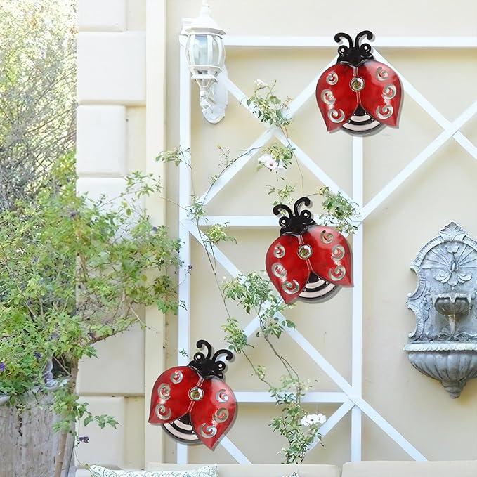 Metal Ladybugs Wall Art Decor, Large Ladybugs Wall Sculpture, Garden Decoration Hanging for Outdoor Garden Yard Lawn Patio, 9.5 * 7 Inch, 3 Pack, Gift for Family