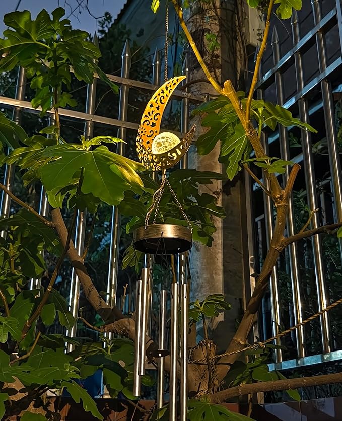 Moon Solar Wind Chimes for Outside Lights Gifts for Mom Wife Unique Crackle Glass LED Warm Light Outdoor Hanging Decor Windchimes for Garden Yard Patio Christmas Birthday Mothers Day