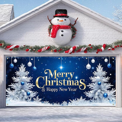 IVN Christmas Garage Door Cover Decoration 13x6ft Blue Night Sky White Trees Gold Lettering Ornaments Merry Christmas Winter Garage Door Banner Home Door Front Yard Decor for Xmas Eve Holiday Outdoor
