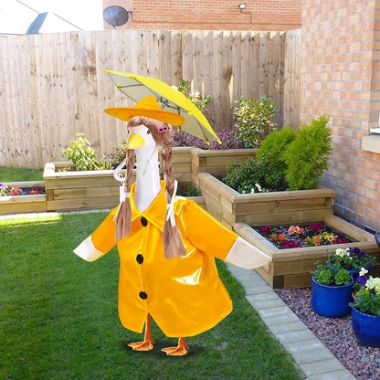 4 Pcs Porch Goose Raincoat with Wigs, Outfits and Clothes, Spring Summer Goose Statue Raincoat Costume, 23" Geese Statue Clothes for Patio Yard Lawn Outdoor Decor (Yellow)