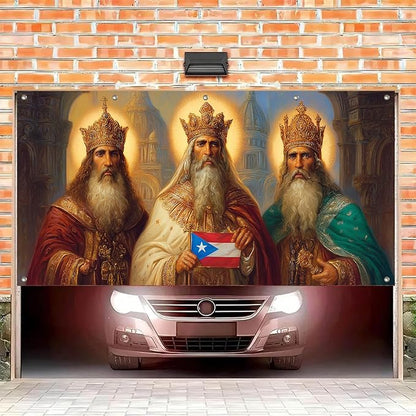 HOMETITUTE 13x6ft Three Kings Day Garage Door Banner Dia de Reyes Puerto Rican Flag Design Polyester Large Outdoor Decoration for Epiphany Celebration Holiday Party Yard Home School