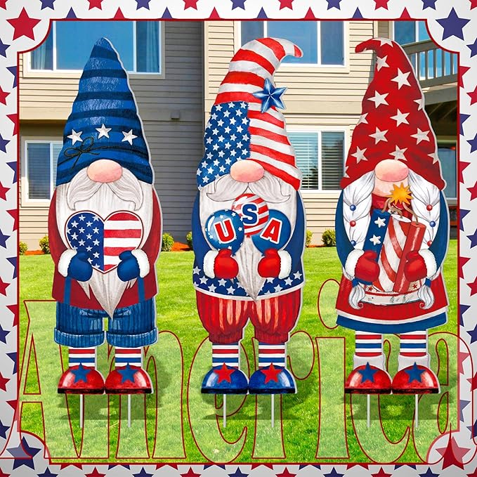 Umigy 3 Pcs 4th of July Yard Decor 32 x 10 Inch Outdoor Independence Day Gnome Yard Sign with Stakes Patriotic Red Blue White Lawn Garden Decoration United States 250th Anniversary Decor