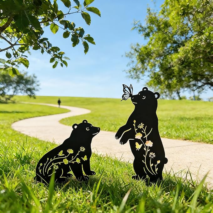 Bear Garden Decor for Outside, Metal Bear Decorative Garden Stakes Set of 2, Rust-Proof Black Silhouette Yard Art for Lawn,Patio,Backyard Outdoor Decorations, Gifts for Animal Lovers ﻿