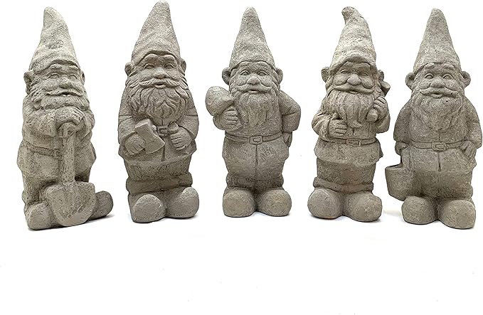 Vintage Garden Gnomes (Set/5): Solid Durable Stone Statue with Aged Texture. Sealed for Outdoor Use. Handcrafted USA. (Antique/Gray)