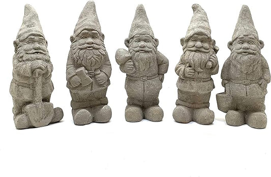 Vintage Garden Gnomes (Set/5): Solid Durable Stone Statue with Aged Texture. Sealed for Outdoor Use. Handcrafted USA. (Antique/Gray)