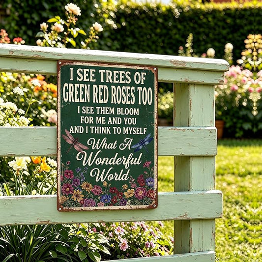 Vintage Metal Garden Sign, What A Wonderful World Wall Decor, Gardening Gifts for Women, Home Patio Yard Art, 8 x 12 Inches