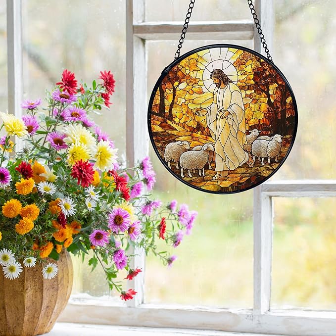 Christian Jesus and Lamb Suncatchers Stained Glass Window Hanging, Jesus Religious Sun Catchers Indoor Window Glass Round Wall Decor, Christian Wall Hanging Decorations, 7.9x7.9in