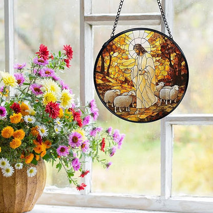 Christian Jesus and Lamb Suncatchers Stained Glass Window Hanging, Jesus Religious Sun Catchers Indoor Window Glass Round Wall Decor, Christian Wall Hanging Decorations, 7.9x7.9in