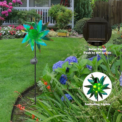 Hummingbird Wind Spinner Garden Decor, Metal Wind Spinner Lights Outdoor Solar Garden Decor, Lighted Pathway Yard Spinner Wind Sculpture, Solar Powered Path Lights Kinetic Wind Catcher for Outside