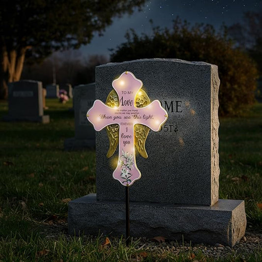 Solar Cross Lights with Angel Wings, Pink and Gold Memorial Grave Decorations, When You See This Light Remember I Love You Sentiment, Cemetery Tombstone Garden Stake with Ground Stake