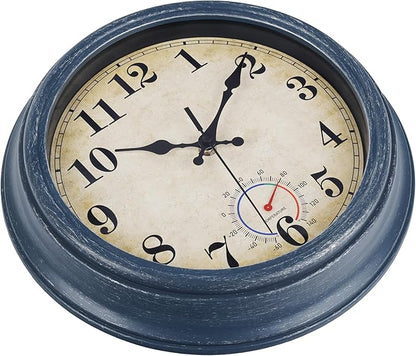 Outdoor Clocks Waterproof with Thermometer Rustic Coastal Wall Clock Decor for Patio Pool Garden(12 Inch,Blue)