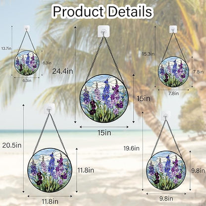 Stained Glass Window Hanging - Blue Purple Delphinium Suncatcher for Door Garden Home Decor Birth Flower Sun Catcher Birthday for Friend Lovers Women Mom Nana 15 in