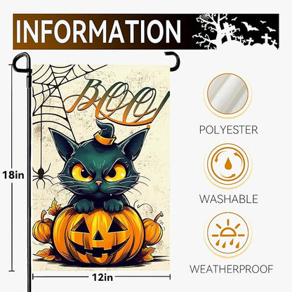 Halloween Garden Flags Black Cat Boo Yard Flag Scary Pumpkin Vertical Garden Flags Spiders Web Holiday Yard Banner 12x18 Inch Double Sided for Outside Decoration