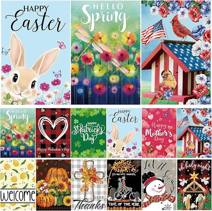 Seasonal Garden Flags Set of 12 Double Sided 12 x 18 Inch Yard Flag, Small Garden Flags for Outside, Christmas Halloween Easter Valentine's Day, Spring Summer Fall Winter Holiday Decor for All Seasons