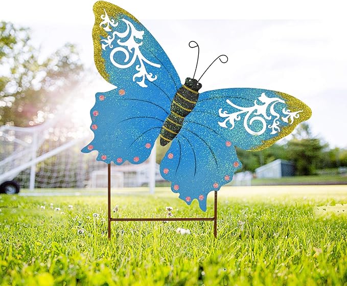 Linfevisi Metal Butterfly Garden Stakes Decor Spring Decorative Butterflies Yard Stake Lawn Ornaments Garden Decor Yard Art Decor Outdoor 18.5 Inch (Blue)