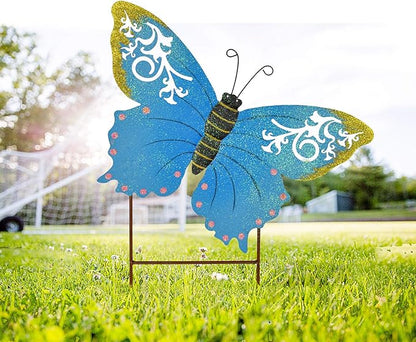 Linfevisi Metal Butterfly Garden Stakes Decor Spring Decorative Butterflies Yard Stake Lawn Ornaments Garden Decor Yard Art Decor Outdoor 18.5 Inch (Blue)