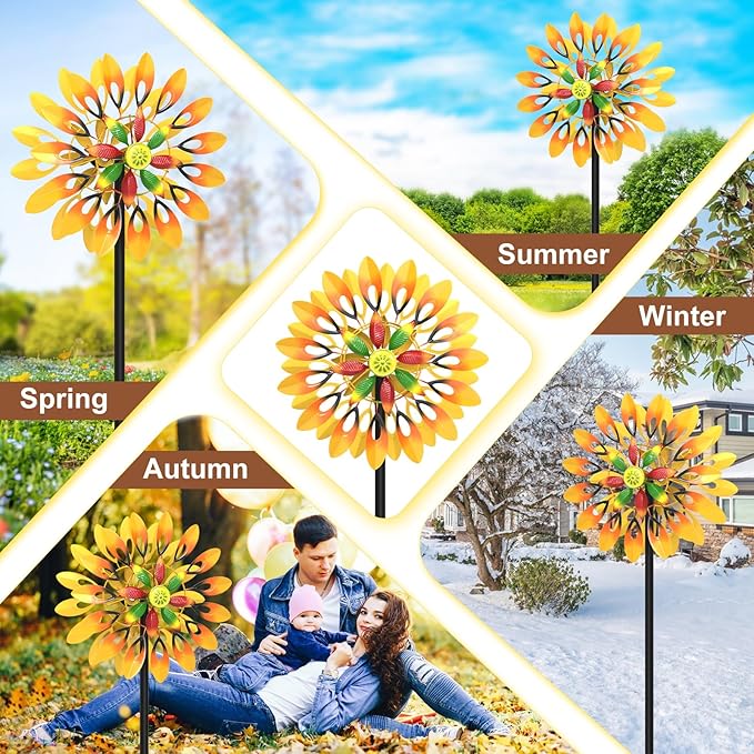 Metal Sunflower Wind Spinner Outdoor, 13" W x 64" H Large Double Windmill Pinwheels with 5 Prong Stake, Kinetic Wind Sculpture for Backyard Garden Patio Lawn Art Decor Yellow