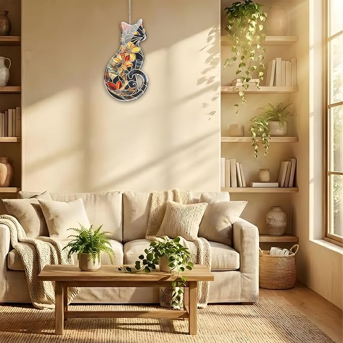 Floral Black Cat Acrylic Suncatcher, Boho Suncatchers for Window Hanging Ornament, Stained Glass Effect Art Garden Decor for Cat Lover, Gifts for Mother's Day, Mom, Grandma, Wife, Women, Nana
