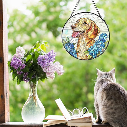Dachshund Hydrangea Stained Glass Window Hanging Suncatcher, Weiner Dog Sun Catcher Indoor Window, Dachshund Gifts for Women, Dog Painted Glass Round Wall Hanging Decorations, 7.8x7.8 in