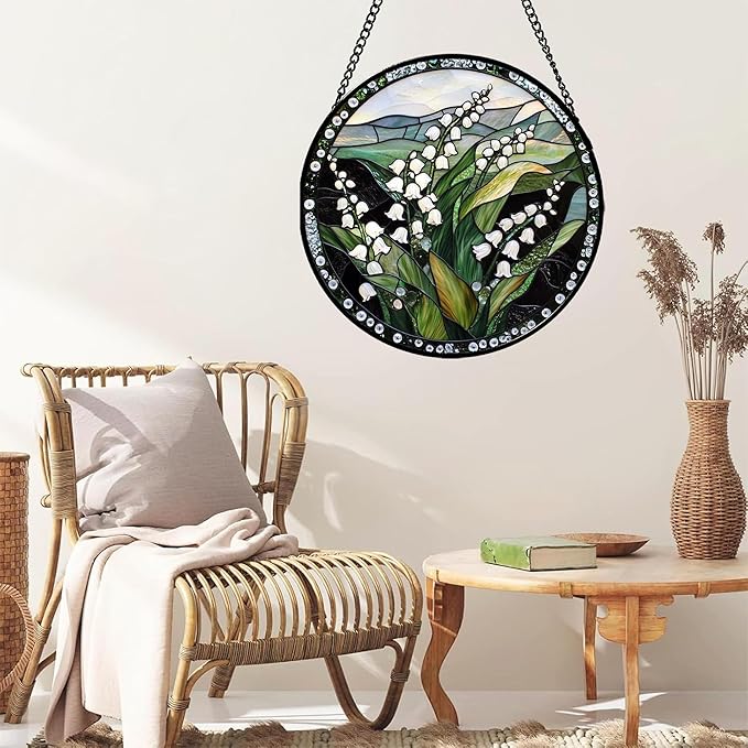 Stained Glass Window Hanging - Elegant White Lily of The Valley Flowers Suncatcher for Doors Garden Terrace Green Sun Catchers Decor Mother's Day Birthday Gifts for Women Men Mom 7.8 in