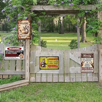 Funny Squirrel Metal Tin Sign for Wall Decor - Vintage Warning Property Is Protected Signs Squirrel Art Outdoor Decoration 8x12 Inch