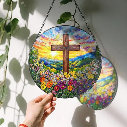 8'' Religious Cross Ornament, Stained Glass Window Hanging, Sun Catcher Window Decor, Christian Holiday Decor, Cross Gifts, Baptism Gifts, Religious Gift, Christian Gift