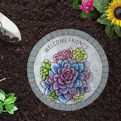 Landoraloria Cement Garden Stepping Stones Outdoor 10” Round Welcome Path Stones with Succulent Design, Outdoor Yard & Patio Decor Hand-Painted Cactus Welcome Sign