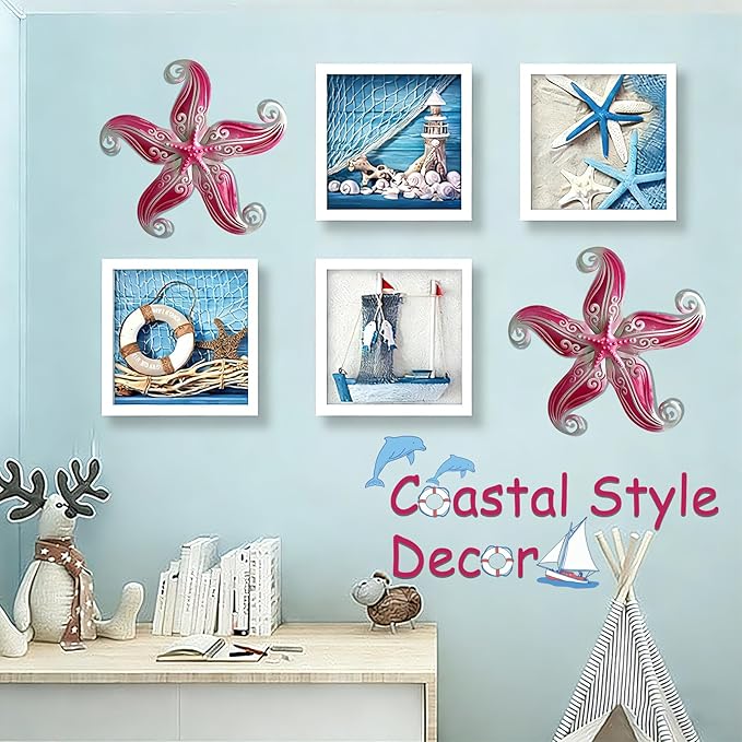 POXOHO Starfish Garden Decorations Outdoor, Starfish Wall Decor Art for Fence Patio Yard, 12" Hanging Glass Sculpture, Outdoor Wall Art Ocean Gifts for Women & Men (Pink)
