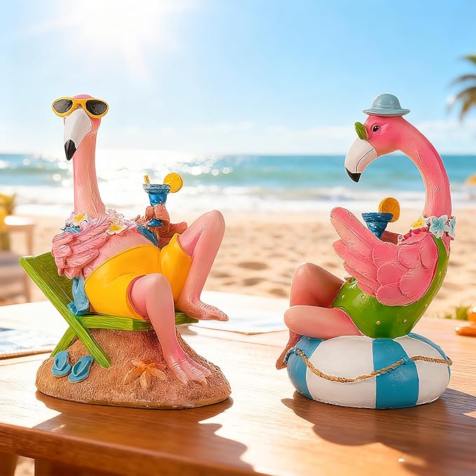 Teaeeno Pink Flamingo Figurines with Beach Chair Resin Bird Sculpture, Large Flamingo Ornaments for Coastal Home Wedding Decor, Housewarming Flamingo Gifts for Lady, Tropical Holiday Decor on Desk