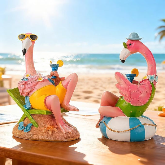 Teaeeno Pink Flamingo Figurines with Beach Chair Resin Bird Sculpture, Large Flamingo Ornaments for Coastal Home Wedding Decor, Housewarming Flamingo Gifts for Lady, Tropical Holiday Decor on Desk