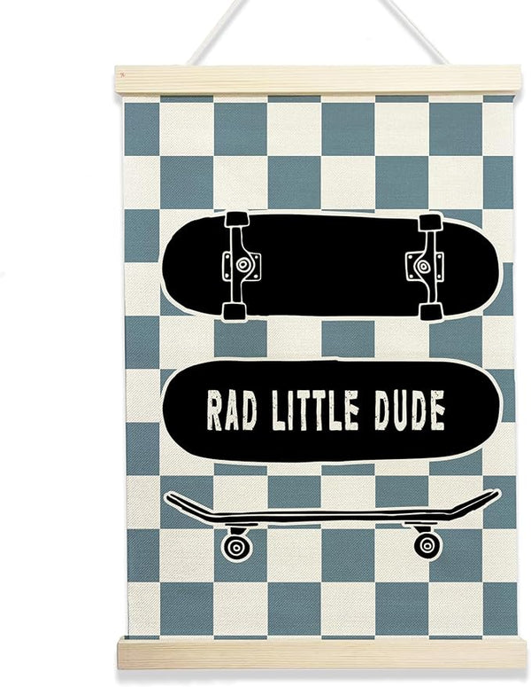 NQDWX Skateboard & Blue Checkered Little Man Cave Banner - Boys Room Wall Decor, 12x17 Inch Canvas Hanging Flag with Wood Frame, Cool Preppy Skate Poster for Bedroom, Playroom & Nursery. (130)