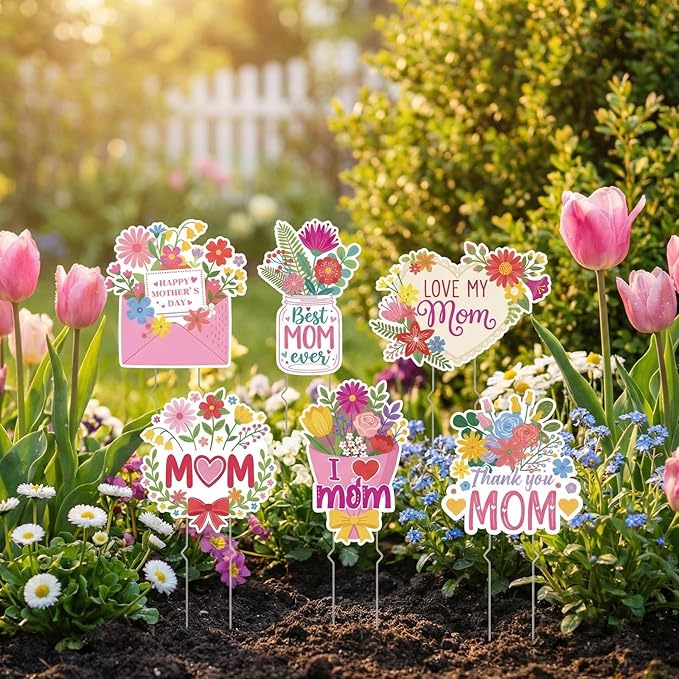 Rngmsi Mothers Day Plant Stakes Flower Pots Signs, 6PCS Happy Mother's Day Metal Garden Stakes Decorative Outdoor, Thank You Mom Yard Decor for Home Lawn Party Supplies