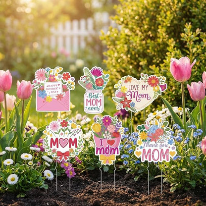 Rngmsi Mothers Day Plant Stakes Flower Pots Signs, 6PCS Happy Mother's Day Metal Garden Stakes Decorative Outdoor, Thank You Mom Yard Decor for Home Lawn Party Supplies