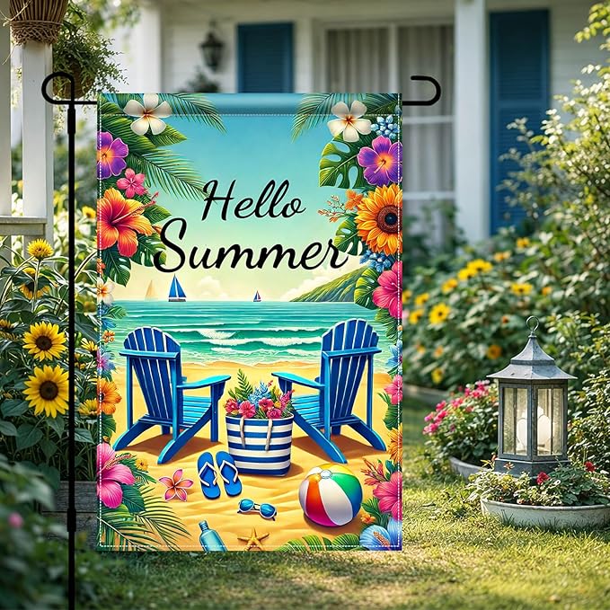 HOMETITUTE Hello Summer Garden Flag Beach Chair Sunset Sea 12x18 Inch Double Sided Welcome Small Seasonal Holiday Yard Outdoor Sign Outside Home House Beach Party Decorations