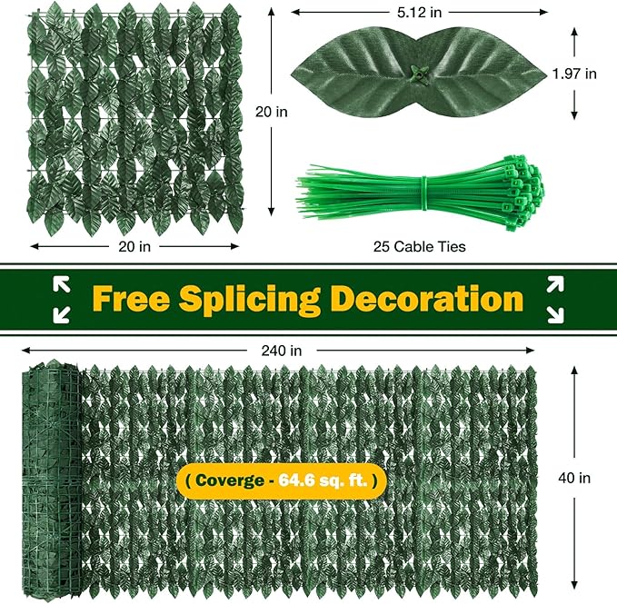 240x40 Inch Artificial Ivy Privacy Fence Screen, Faux Ivy Greenery Backdrop Ivy Vine Leaf Hedges Fencing Panels Greenery Wall Privacy for Patio, Balcony, Garden, Backyard Indoor Outdoor Decor