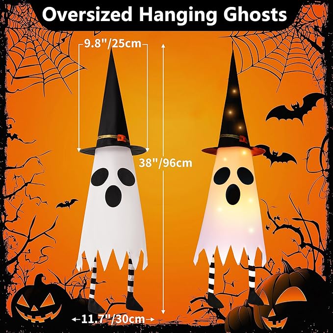 FENELY 3 Packs 38" Halloween Hanging Lighted Glowing Ghosts with Witch Hat and Foot, Outdoor Indoor Decorations for Home Party Yard Patio Garden Tree