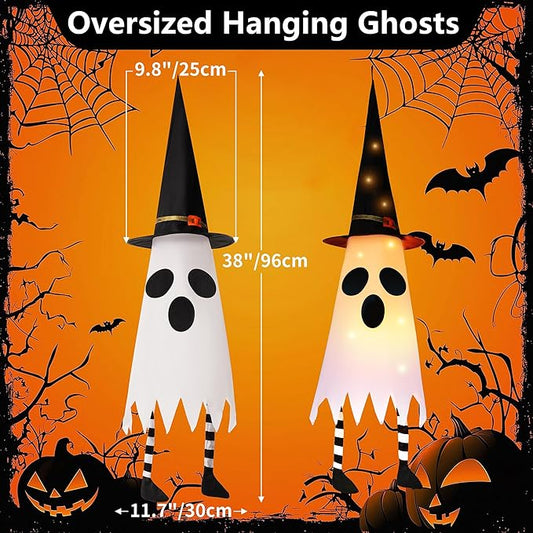 FENELY 3 Packs 38" Halloween Hanging Lighted Glowing Ghosts with Witch Hat and Foot, Outdoor Indoor Decorations for Home Party Yard Patio Garden Tree